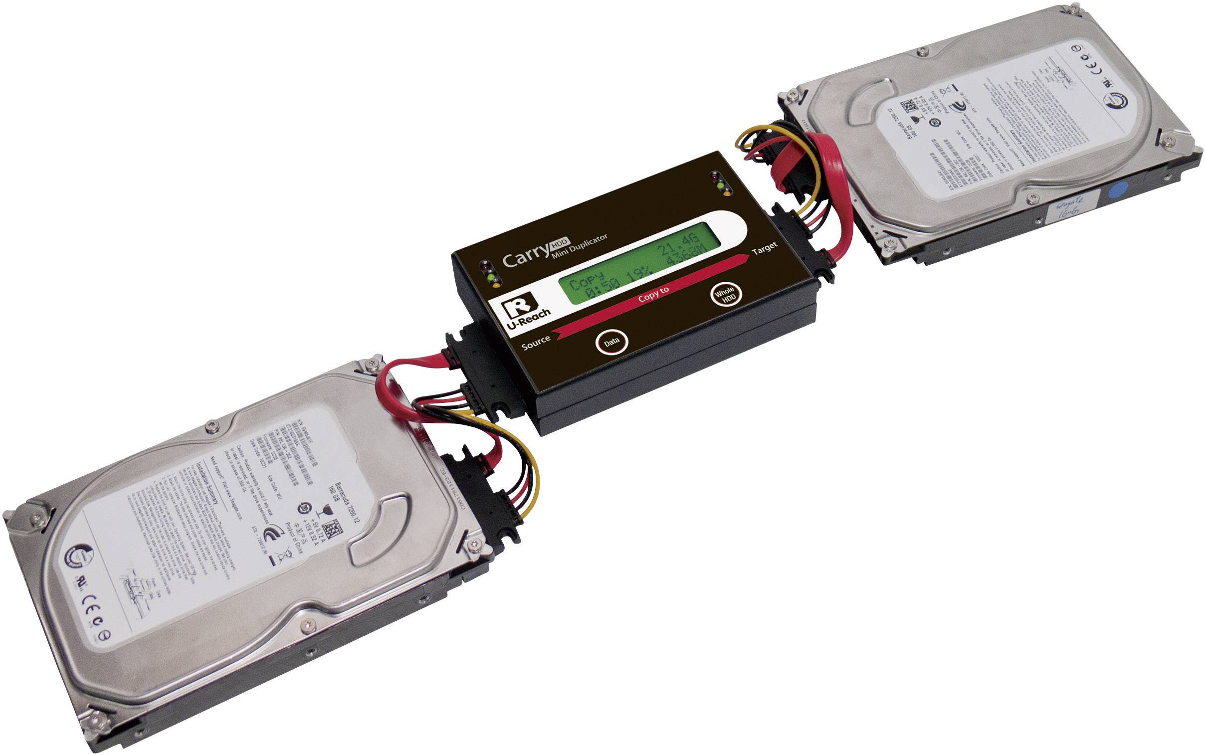 A hard drive duplicator connects two hard drives. It is used to copy or clone data between both storage devices.