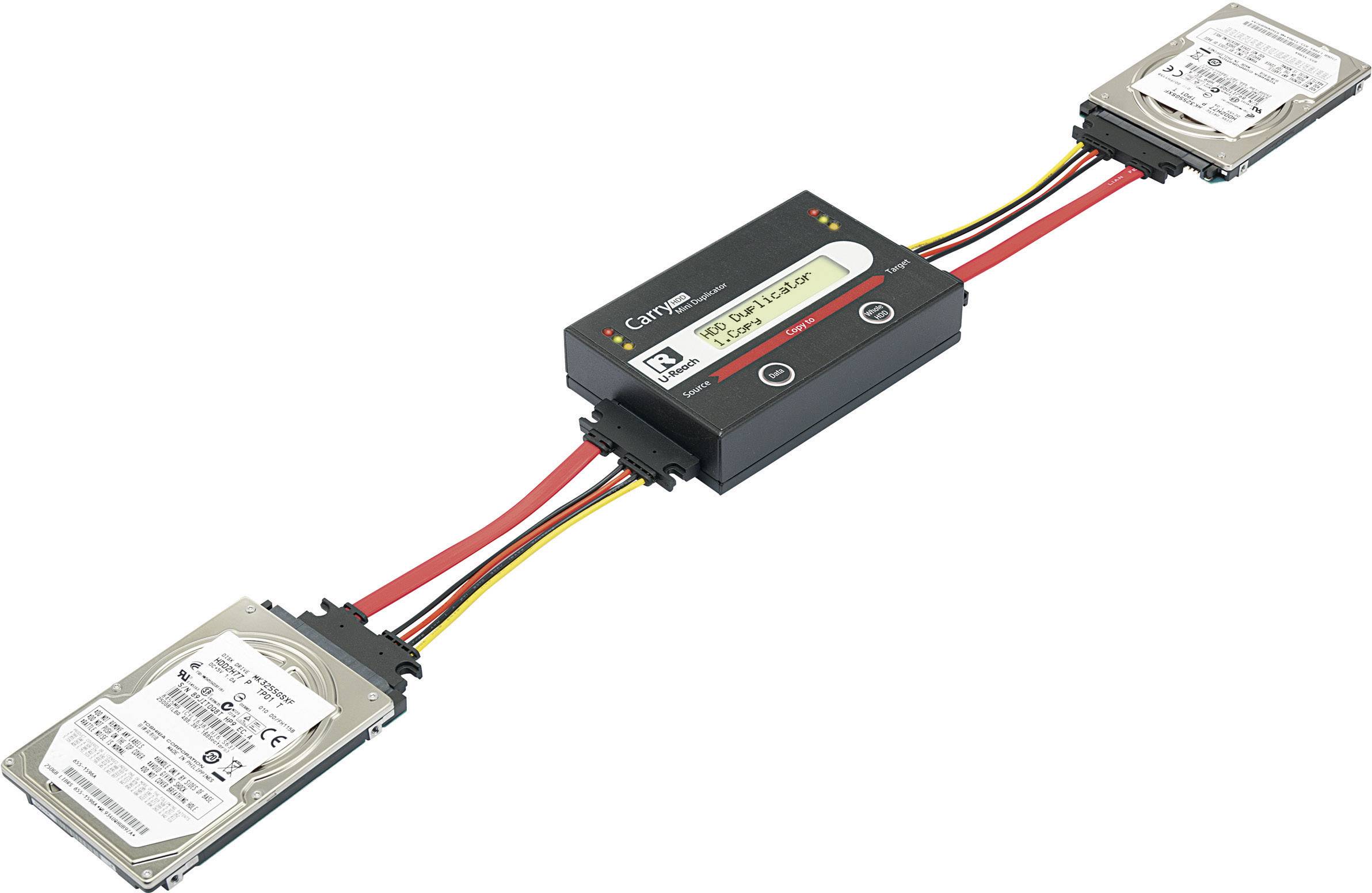 A hard drive duplicator connects two hard drives with coloured cables for data transfer.