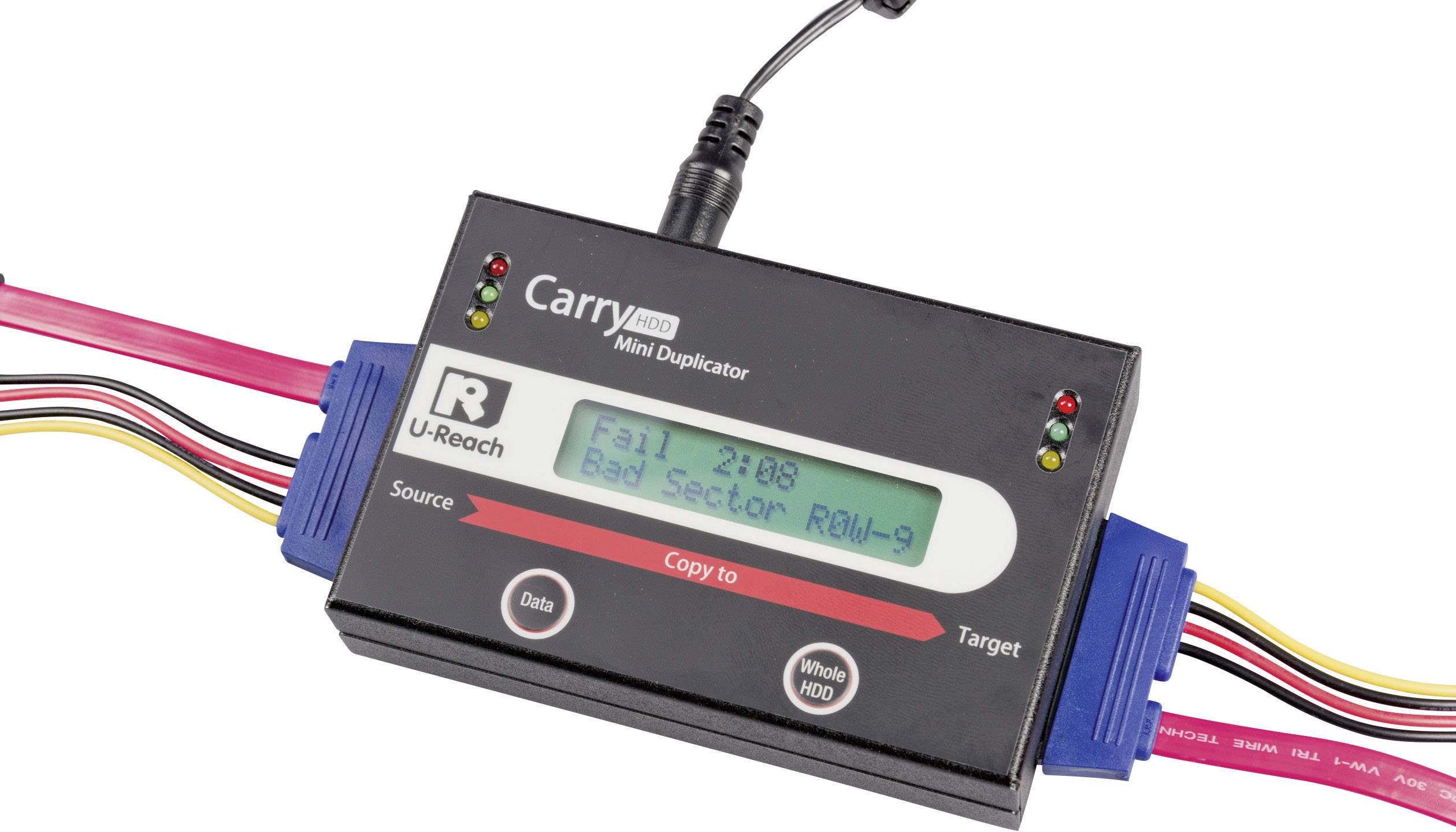 A black electronic device named 'Carry' with a display reading 'Fail Bad Sector'. It is used for data transfer between media.