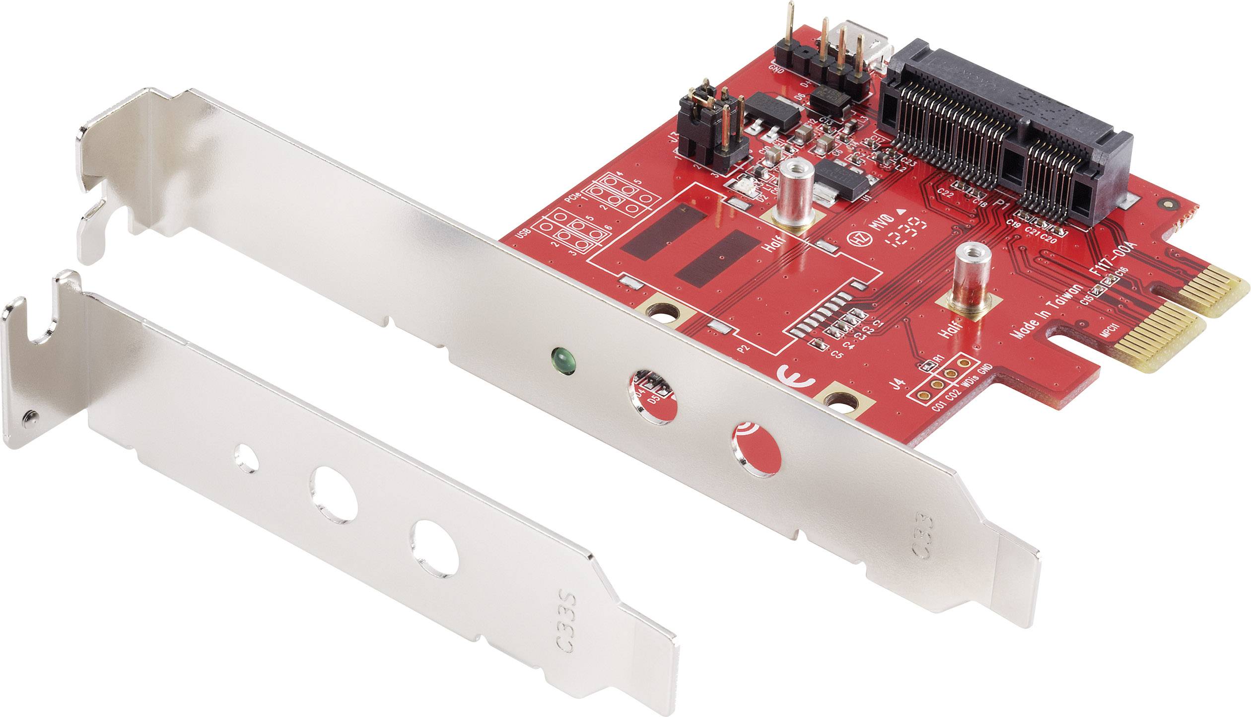 Red PC expansion card with multiple ports and components. Two metal mounting brackets are placed beside it.