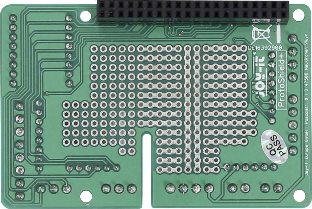 Green prototype circuit board with SMD components and contact surfaces, marked: 'ProtoShield+', bearing the inscription 'QC PASS'.