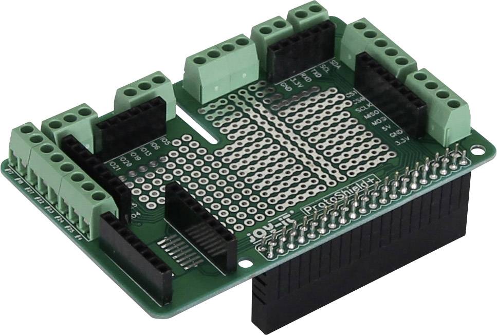 A green printed circuit board with multiple slots and connectors, likely for electronic circuits or prototyping.