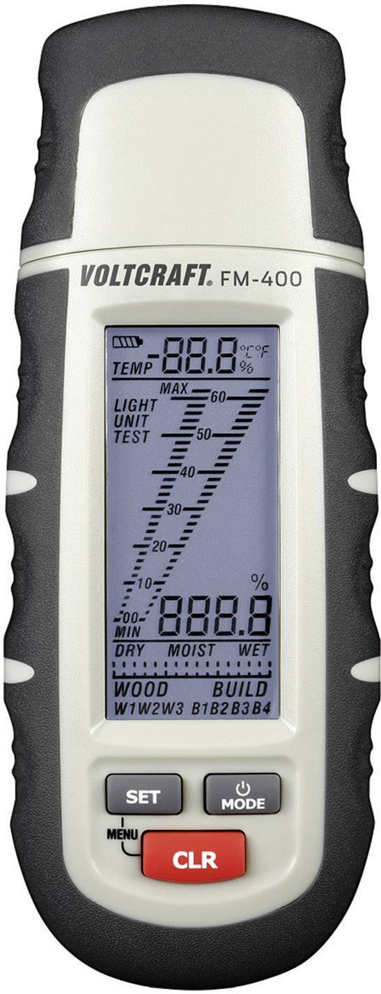 Voltcraft FM-400 Moisture Metre with Digital Display Shows Temperature and Moisture Readings for Wood Types.