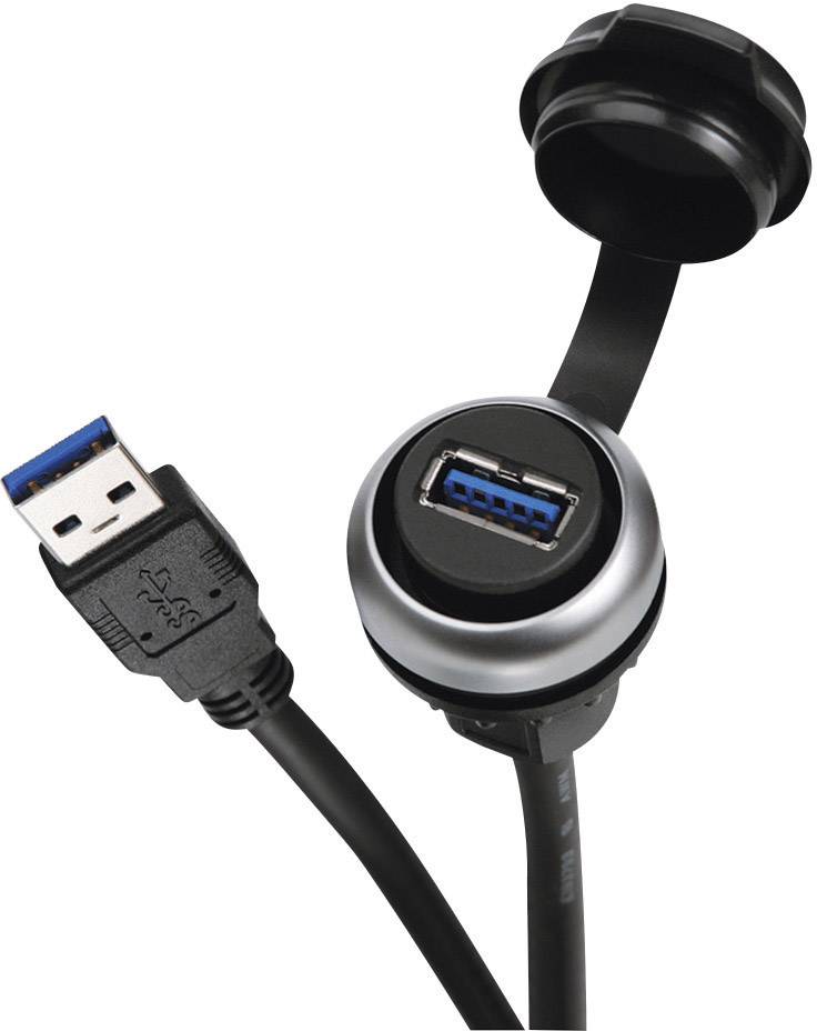 USB 3.0 cable and connector with cover for front mounting, black, showing the connector and open cover.