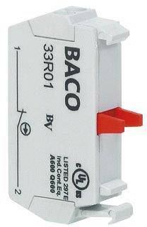 A white electrical switch with the inscription 'BACO 33R01', a red lever and multiple safety certifications, including UL.