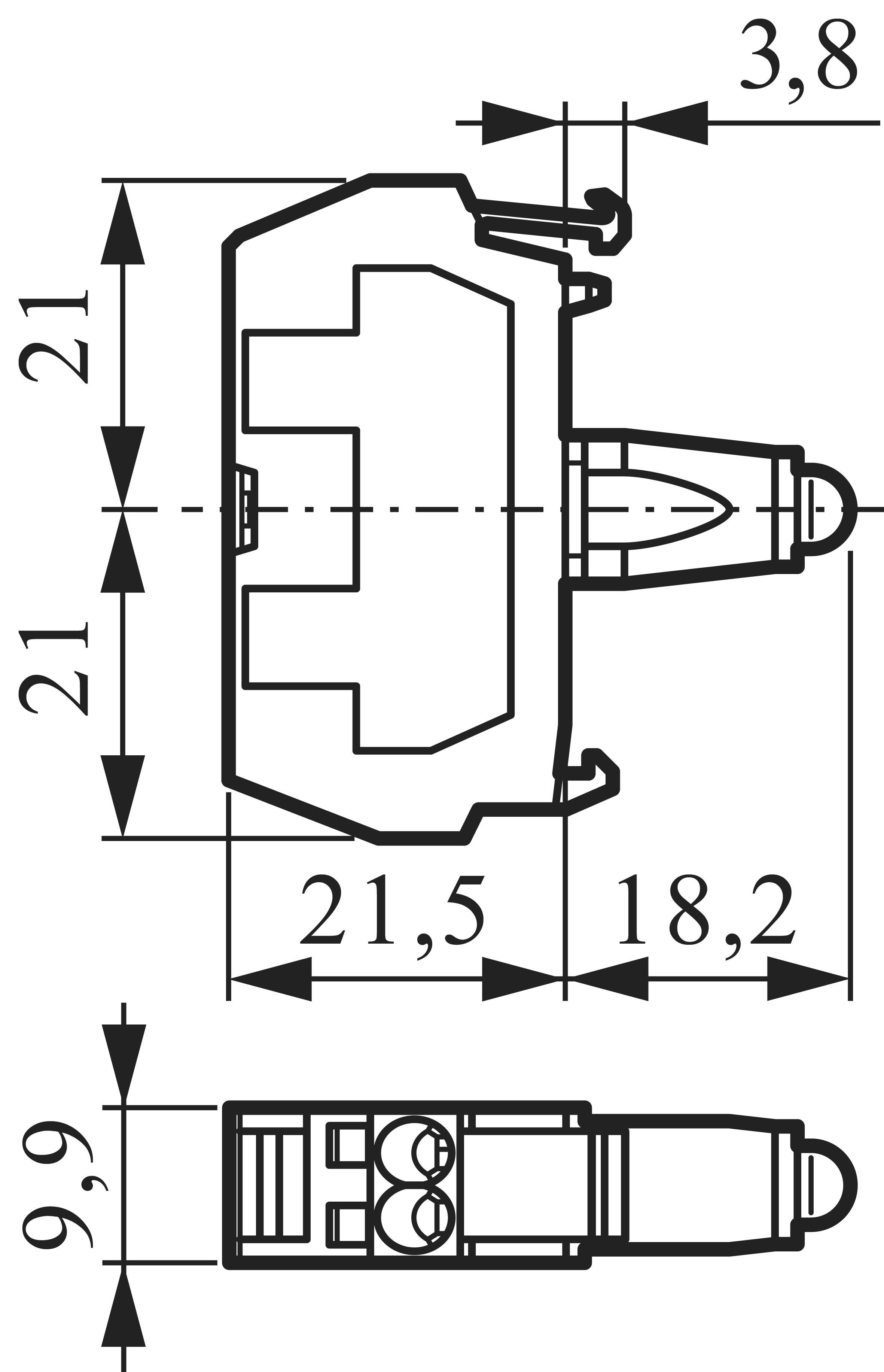 Technical drawing of a connector with dimensions: width 21.5 mm, length 18.2 mm. Markings for height 21 mm, small width 3.8 mm, depth 9.9 mm.