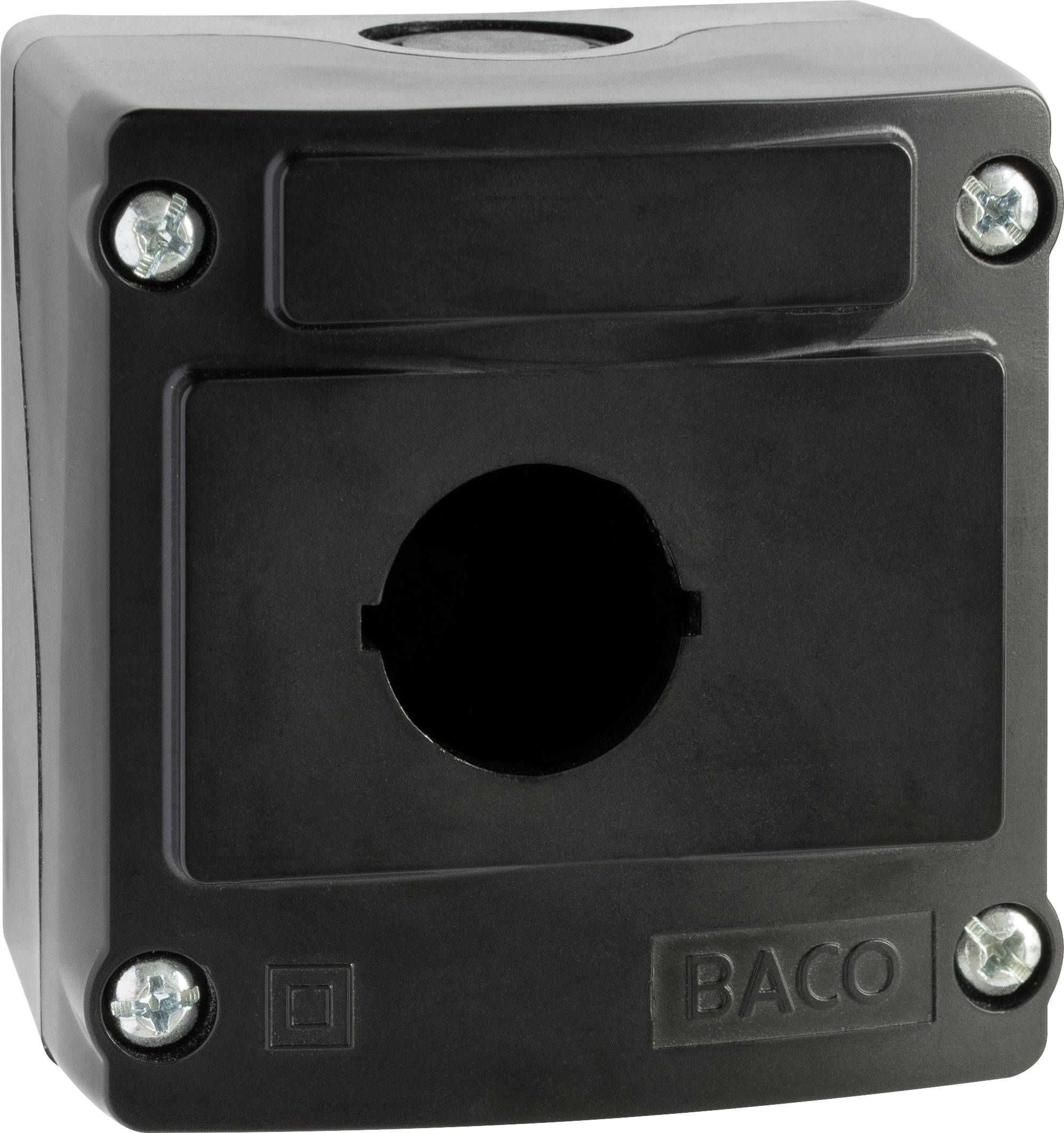 A black plastic casing with a square shape and a central round aperture, secured with four screws at the corners.