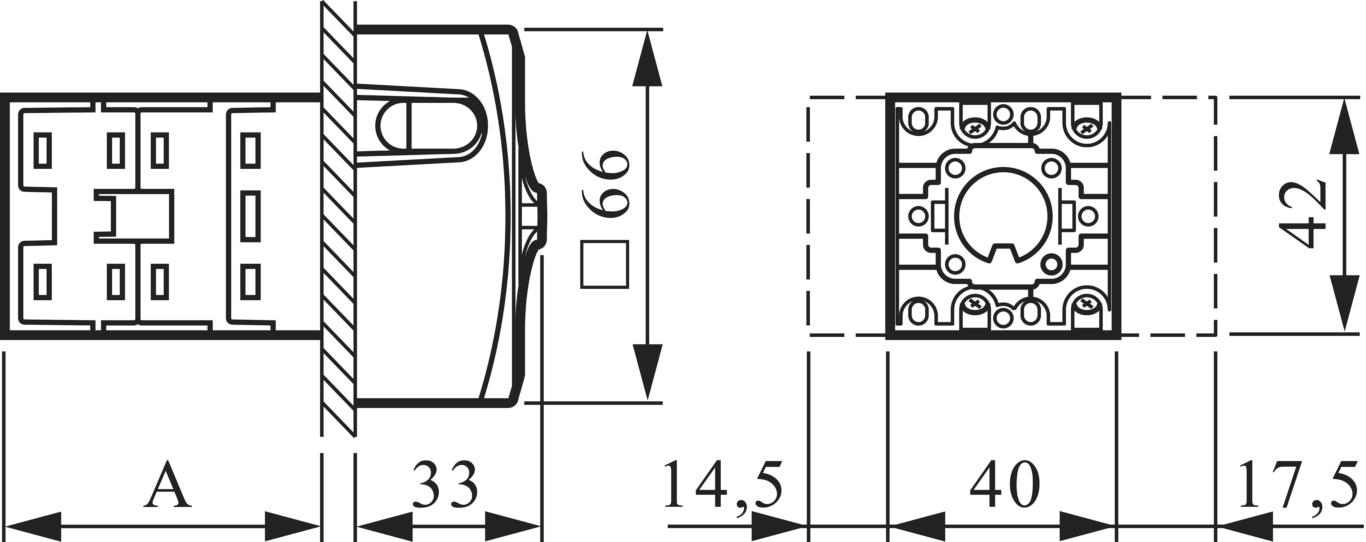 Technical drawing of a switch with dimensions: height 69 mm, width 42 mm, detailed view of side and top elevation.