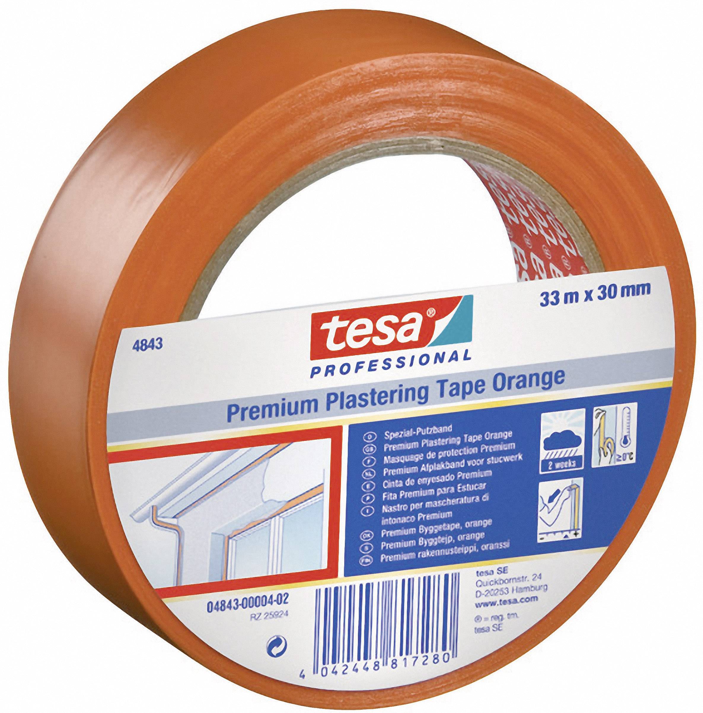 Orange Tesa adhesive tape roll, 33 m x 30 mm. Label shows potential uses for cleaning work.