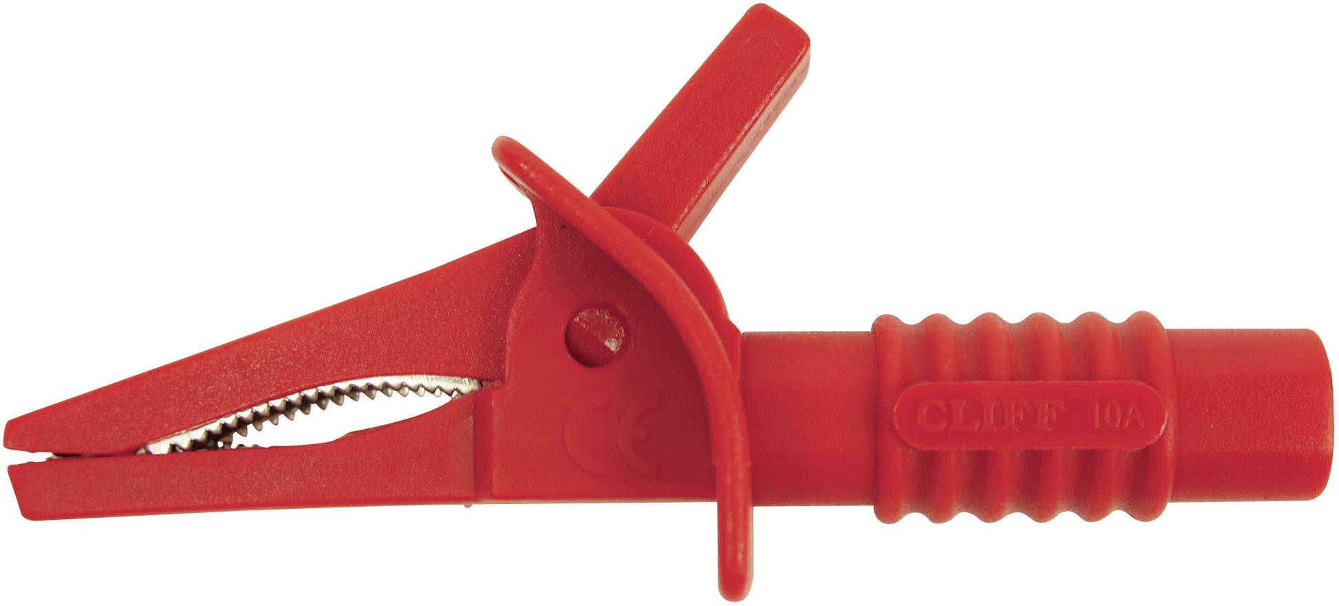 A large red crocodile clip with a ribbed handle and serrated jaws, commonly used in electrical applications.