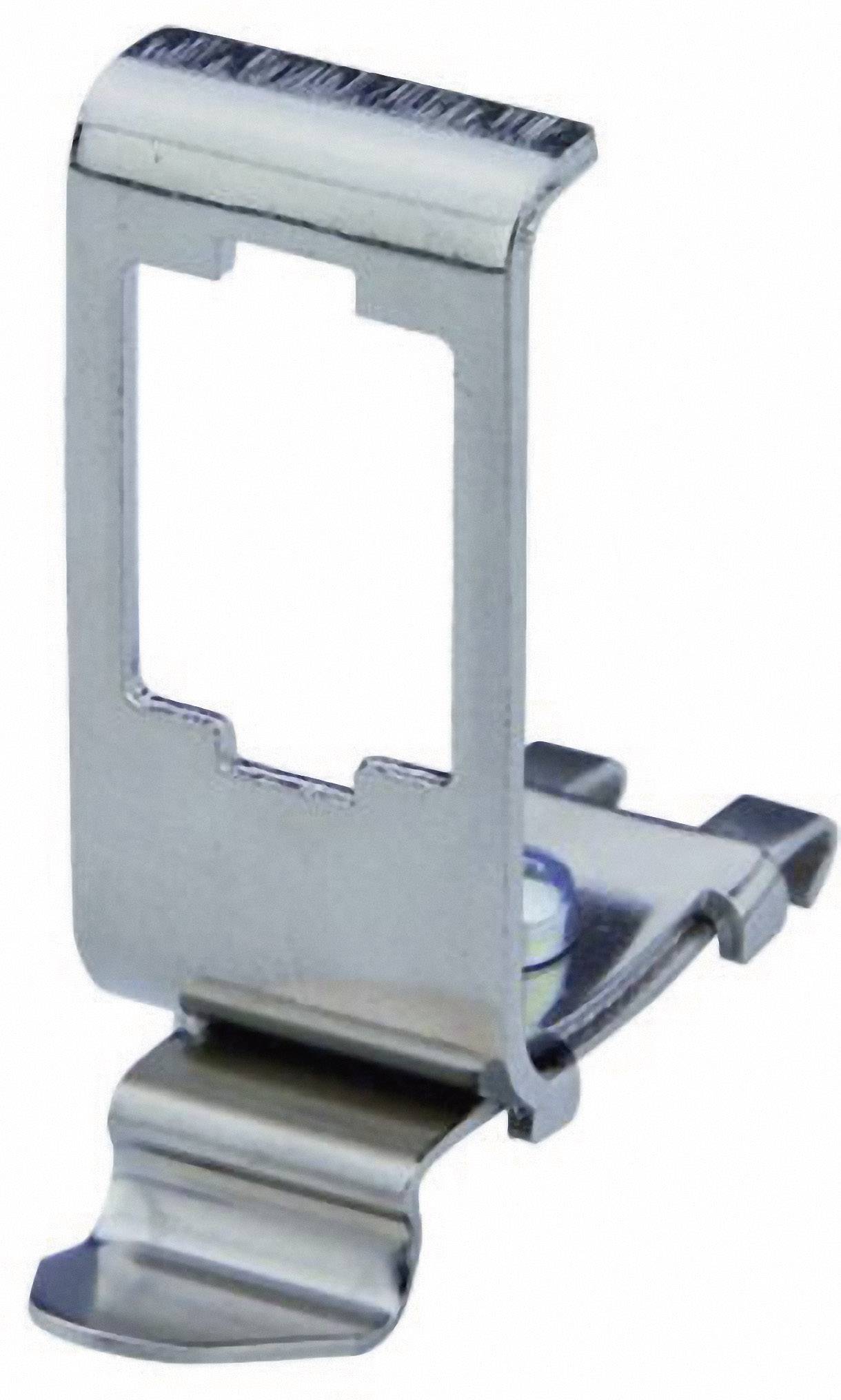 Metal clip with a rectangular opening and curved end, suitable for fastening objects on hard surface systems.