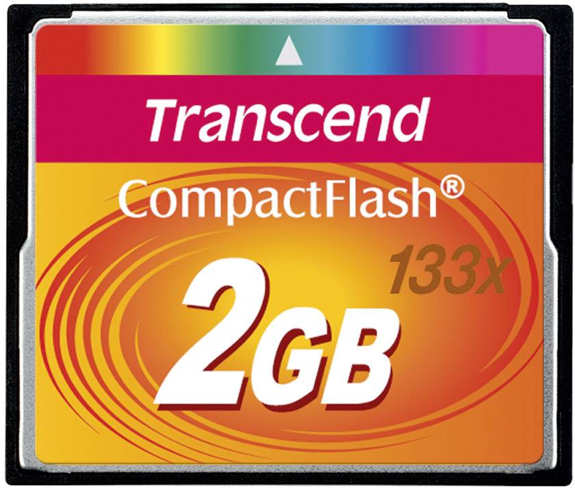 Transcend CompactFlash memory card with 2 GB capacity, speed of 133x.