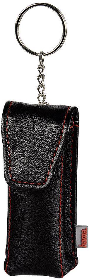 Black key fob made of leather-look material with red stitching and a silver metal ring, suitable for attaching to a keychain.