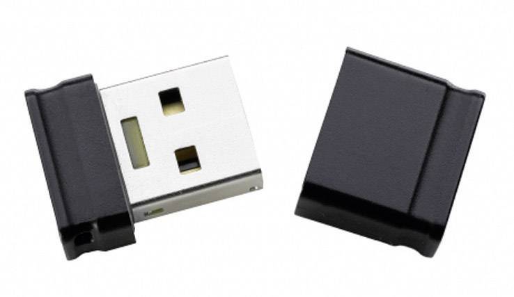 USB flash drive with protective cap removed, rectangular shape, silver contacts, black casing.