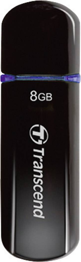 A black Transcend USB stick with a storage capacity of 8 GB.
