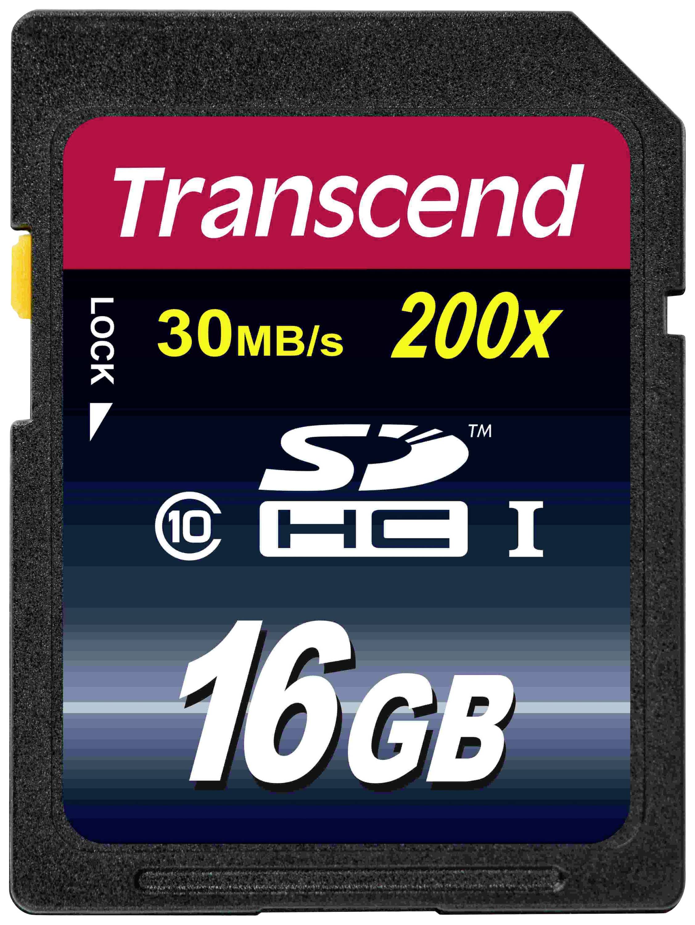 Transcend memory card with 16 GB capacity, Class 10 speed rating, read speed of 30 MB/s.