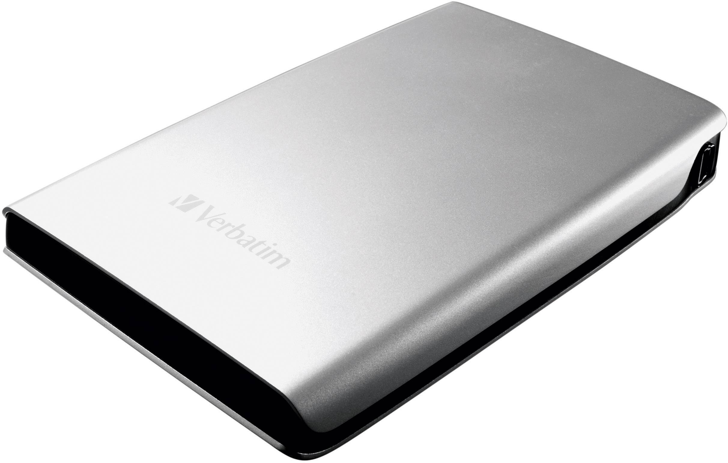 Silver external hard drive by Verbatim, photographed at an angle from above.
