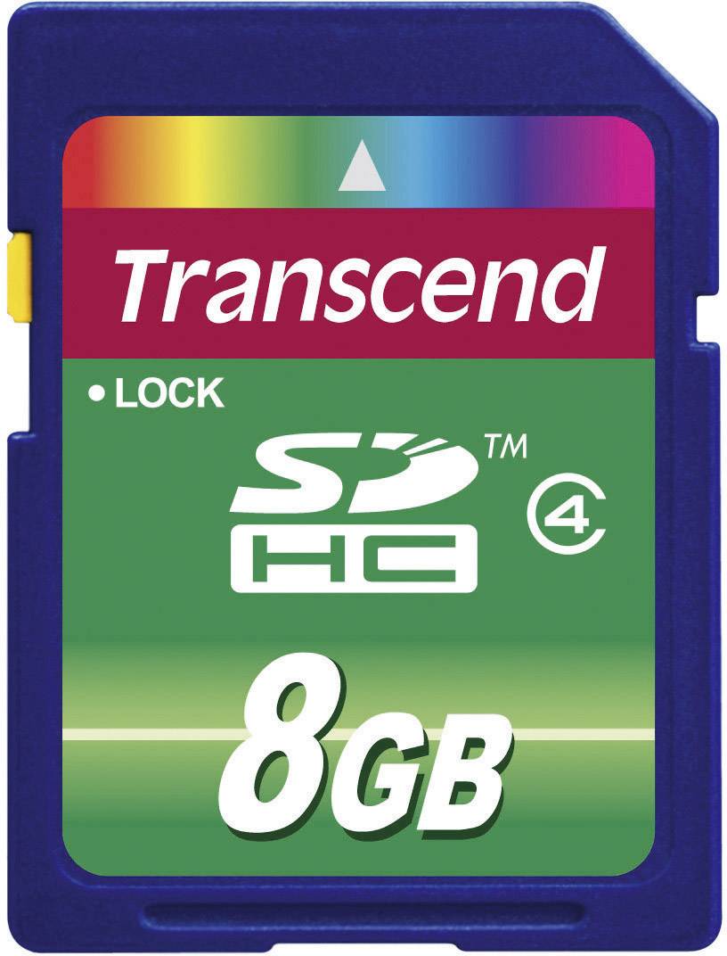 Blue SD card, 8GB, Transcend brand, supports SDHC, Class 4, with write-protect switch.