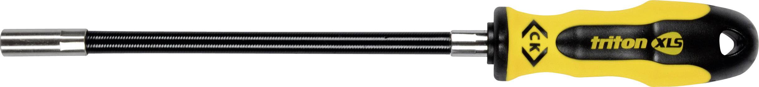 Screwdriver with yellow and black handle, flexible shaft and magnetic tip; brand name 'Triton XLS' on the handle.