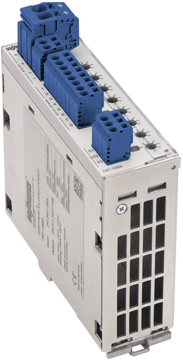 Industrial electronics module with blue terminal blocks and ventilation grille, for control and automation systems.