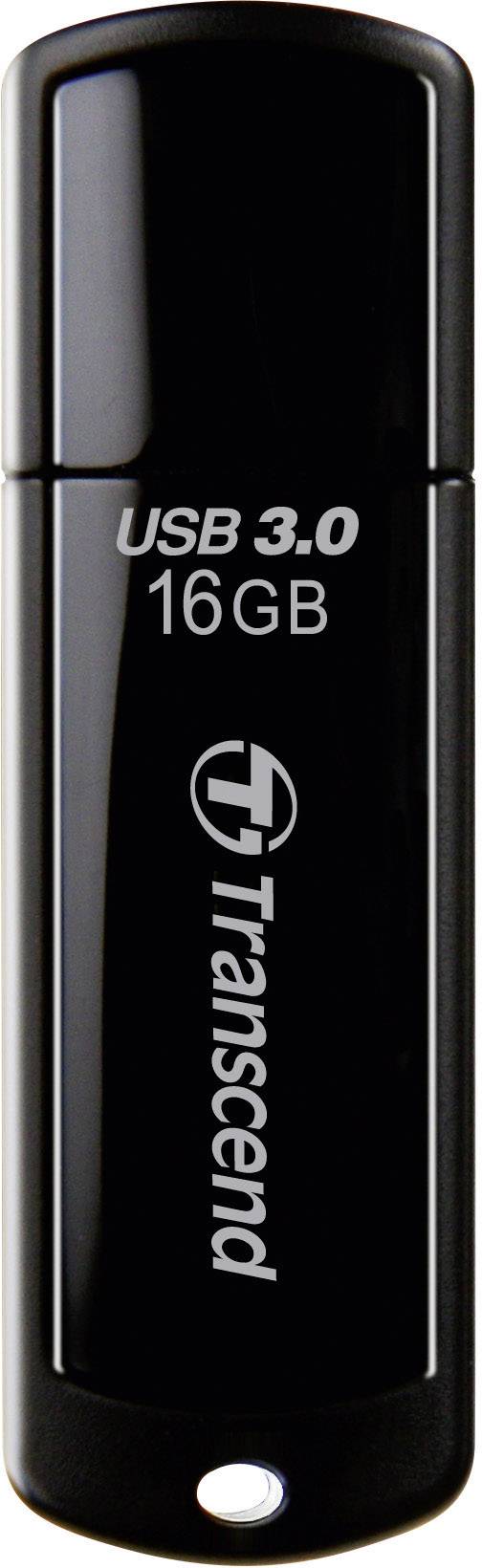 USB drive with 16 GB storage and USB 3.0 technology, black surface with silver 'Transcend' logo.
