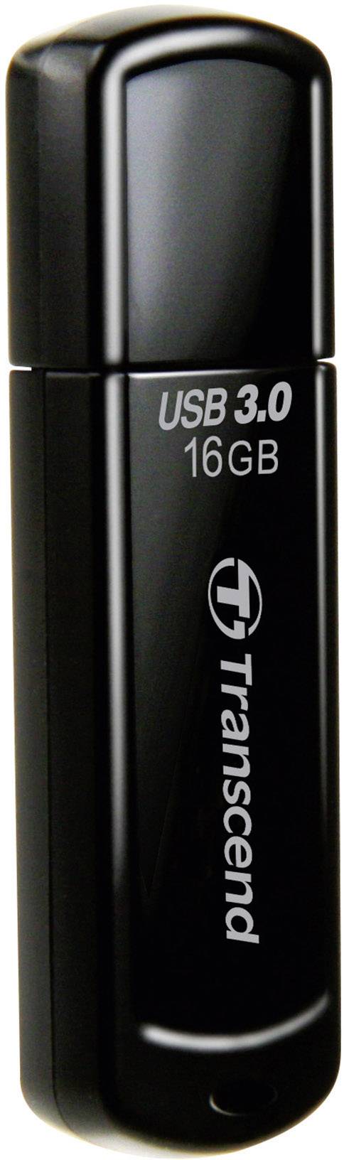 16 GB USB flash drive with a black casing. 'USB 3.0' and 'Transcend' are printed on the surface.