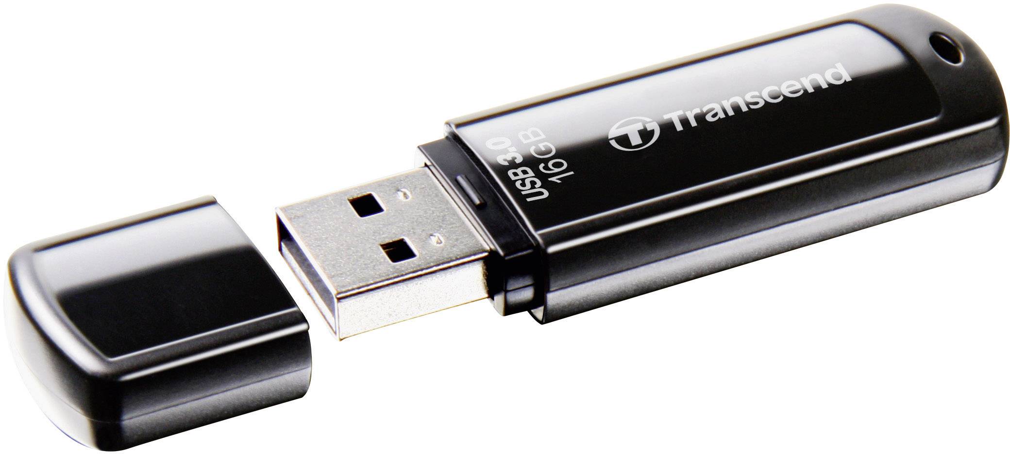 USB stick with cap removed, 16 GB capacity, Transcend brand, USB 3.0 compatible.