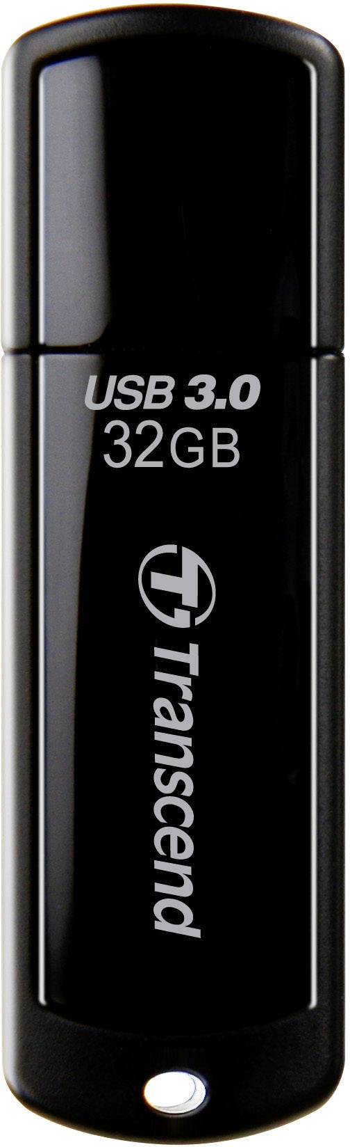 A black Transcend USB stick with 32 GB storage capacity and USB 3.0 technology.