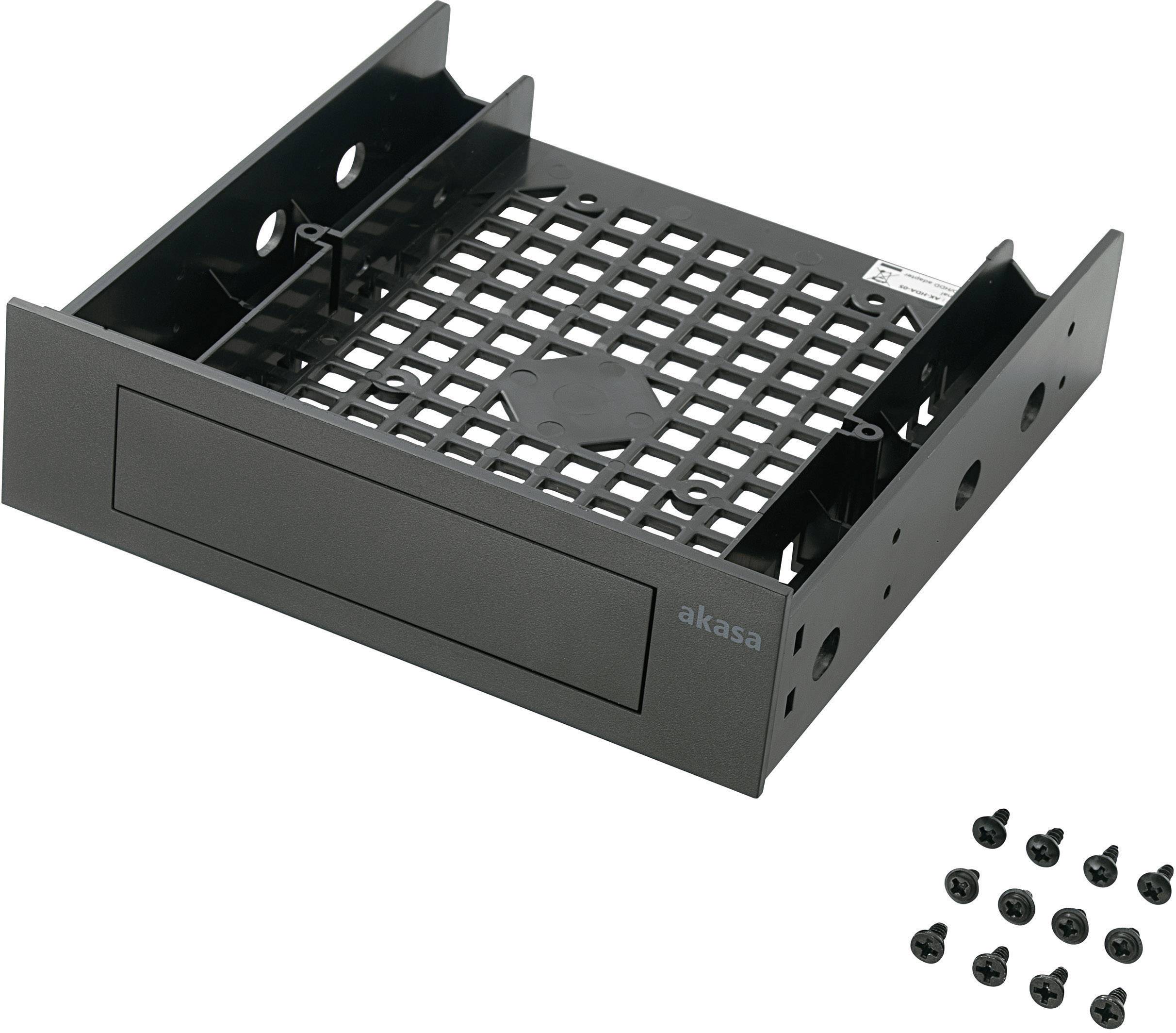 A black drive bay adapter from Akasa next to a row of screws, suitable for installing hard drives or SSDs in a PC.