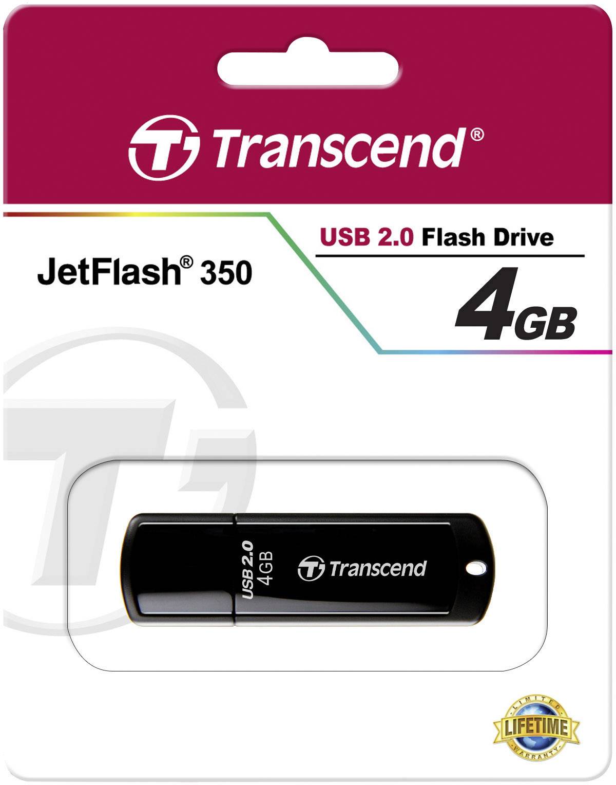 A Transcend USB 2.0 flash drive, model JetFlash 350, with 4 GB storage capacity. Packaging shows the product and logos.