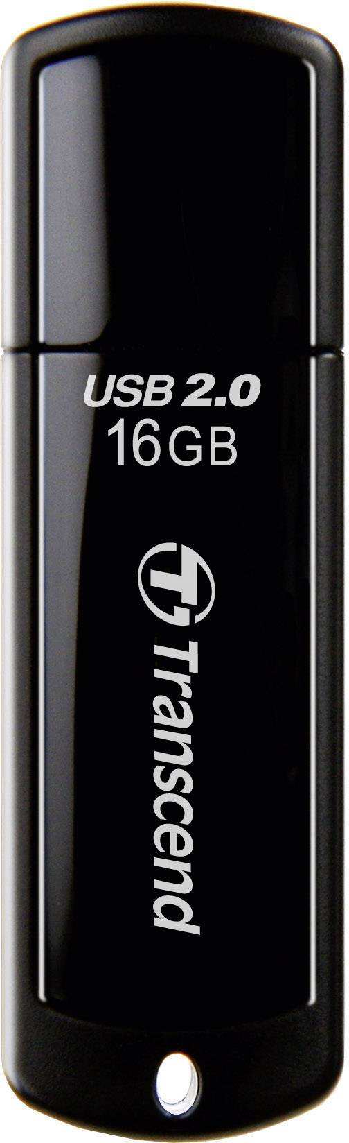 Black USB flash drive, 16 GB by Transcend with USB 2.0 technology.