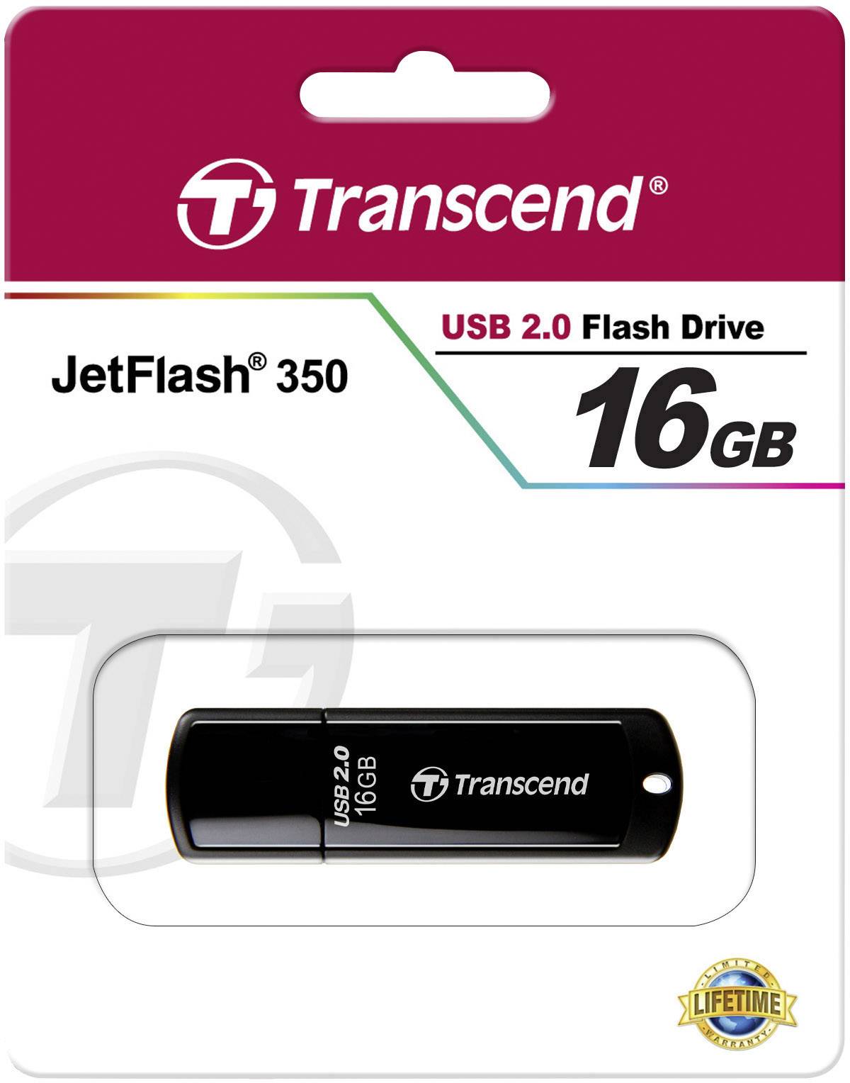 Transcend USB flash drive packaging, model JetFlash 350, with 16 GB capacity and USB 2.0.
