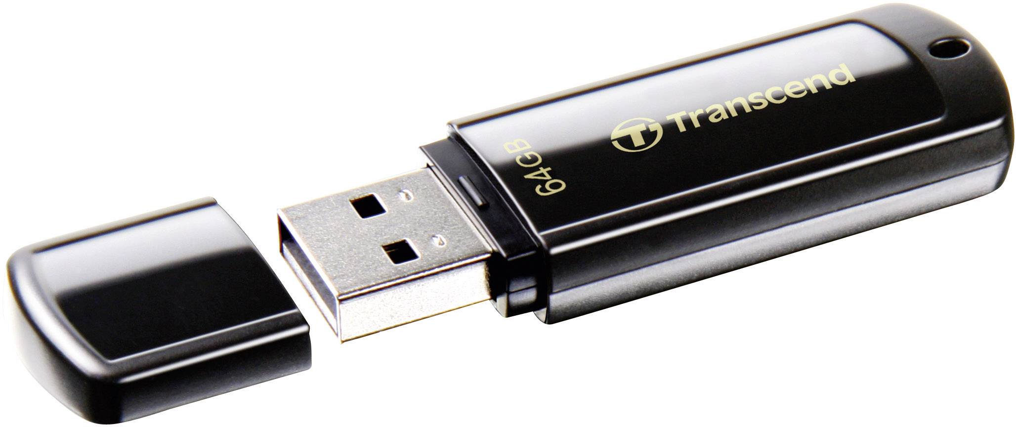 A black USB stick with its cap removed, with 'Transcend 64GB' written on it.