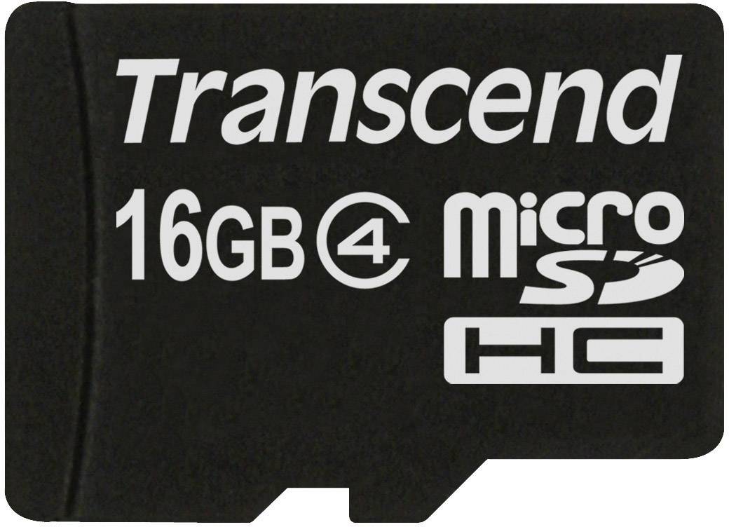 Black Transcend Micro SD Card, 16GB capacity, Class 4, suitable for high-speed and storage capacity expansion.