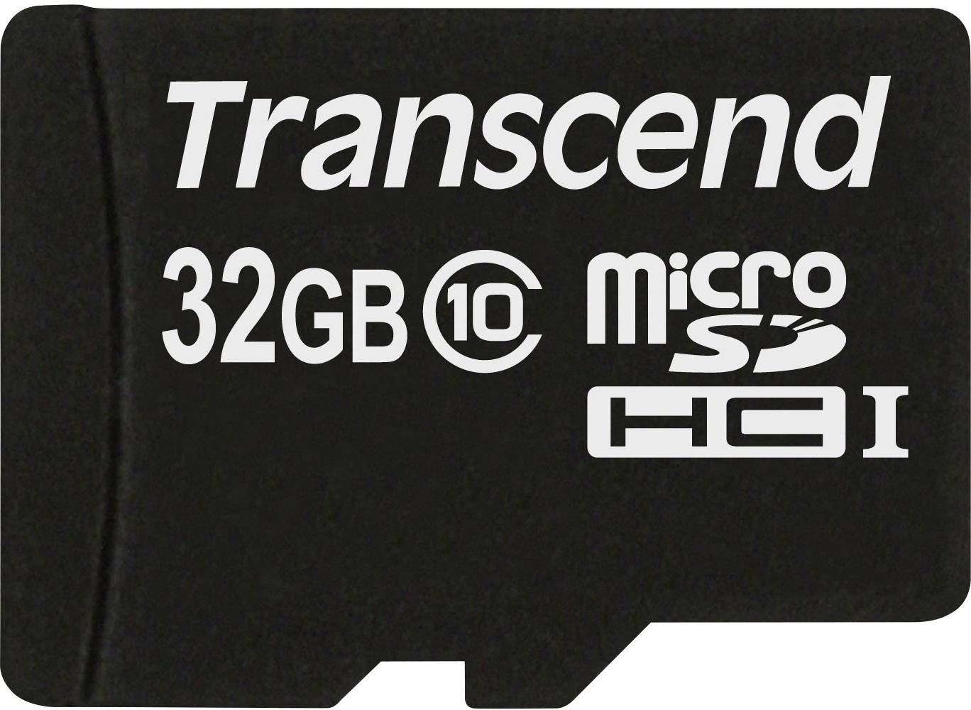 Black Transcend microSD card with 32 GB storage, Class 10.
