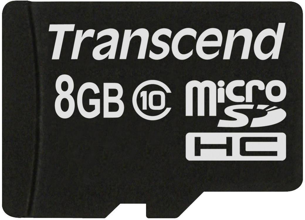 Black microSD card with the inscription 'Transcend 8GB MicroSD HC Class 10'.