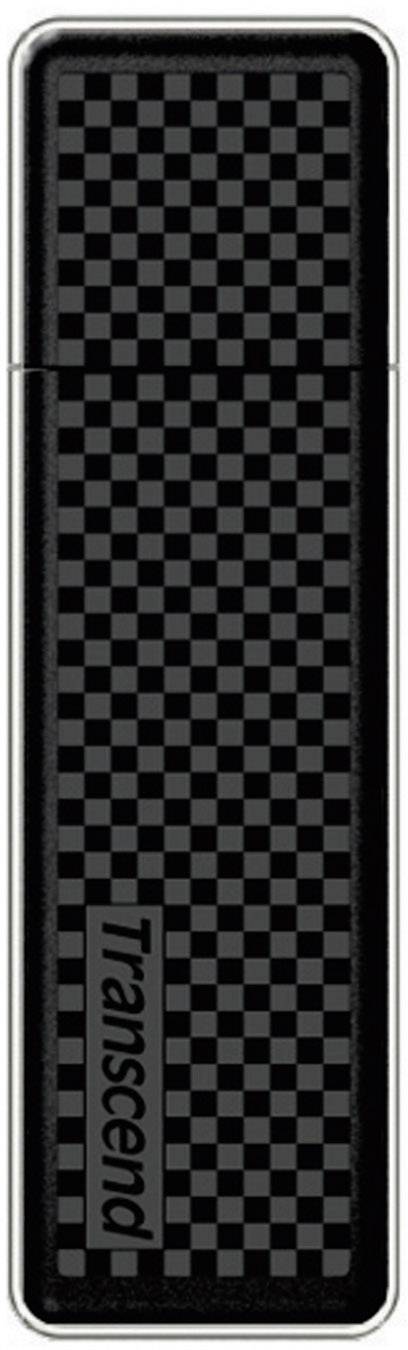 A black USB stick with a checked pattern and the inscription 'Transcend' on the front.