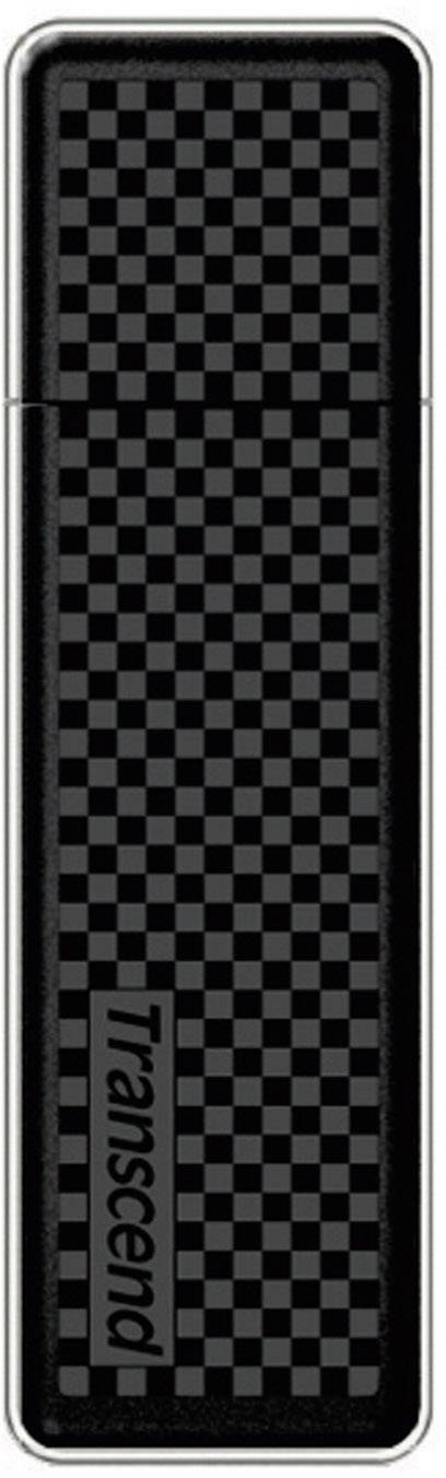 Black Transcend USB stick with a chequered pattern.
