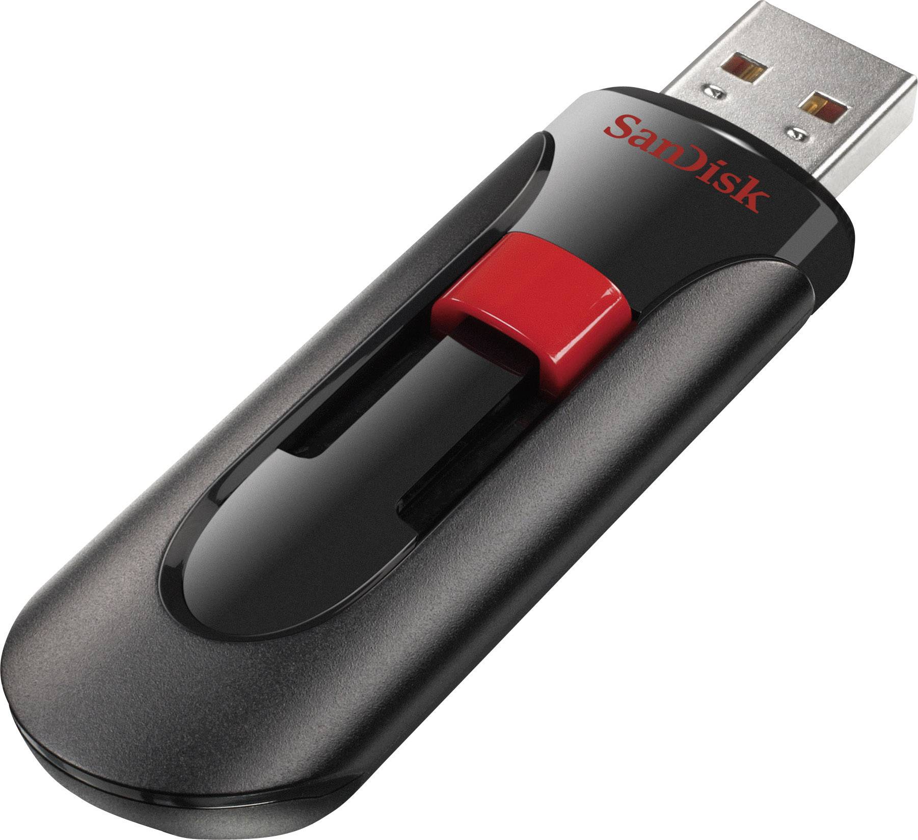 A black USB stick with a red sliding mechanism and the inscription 'SanDisk'.