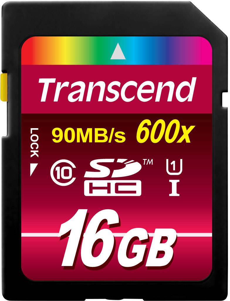 16 GB SD card, Transcend brand, Speed Class 10, 600x, 90 MB/s read speed.