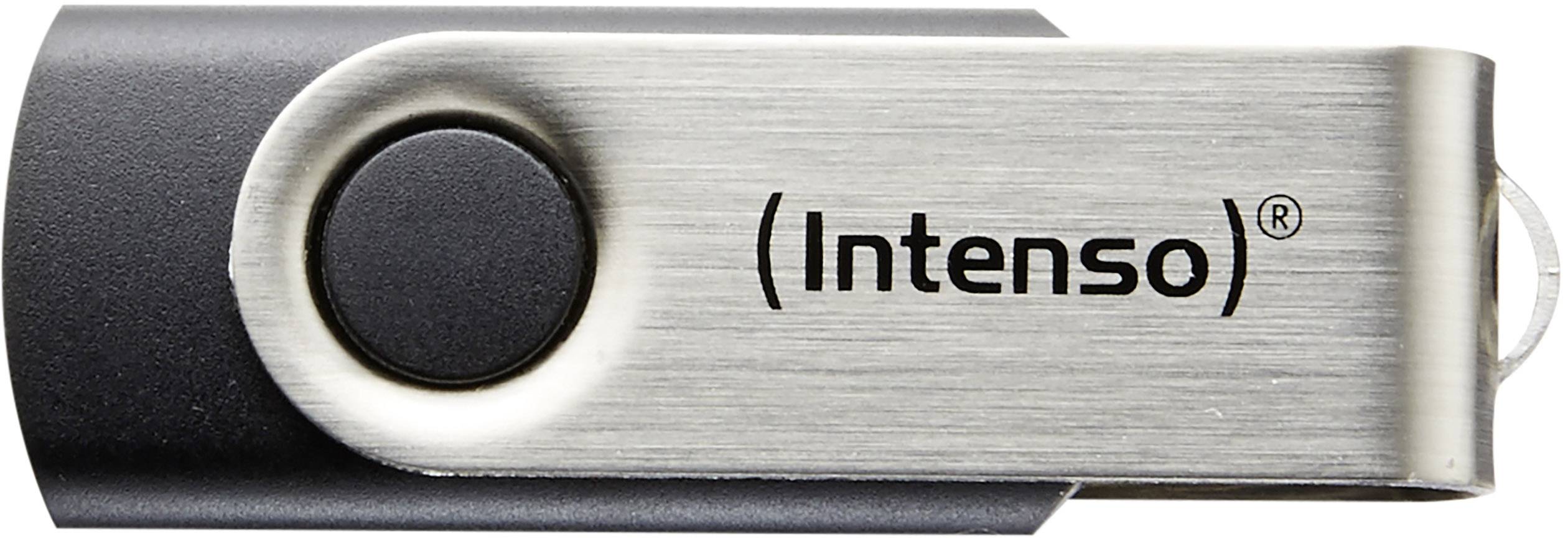A USB stick with a silver and black casing, the 'Intenso' brand engraved on the metal surface.
