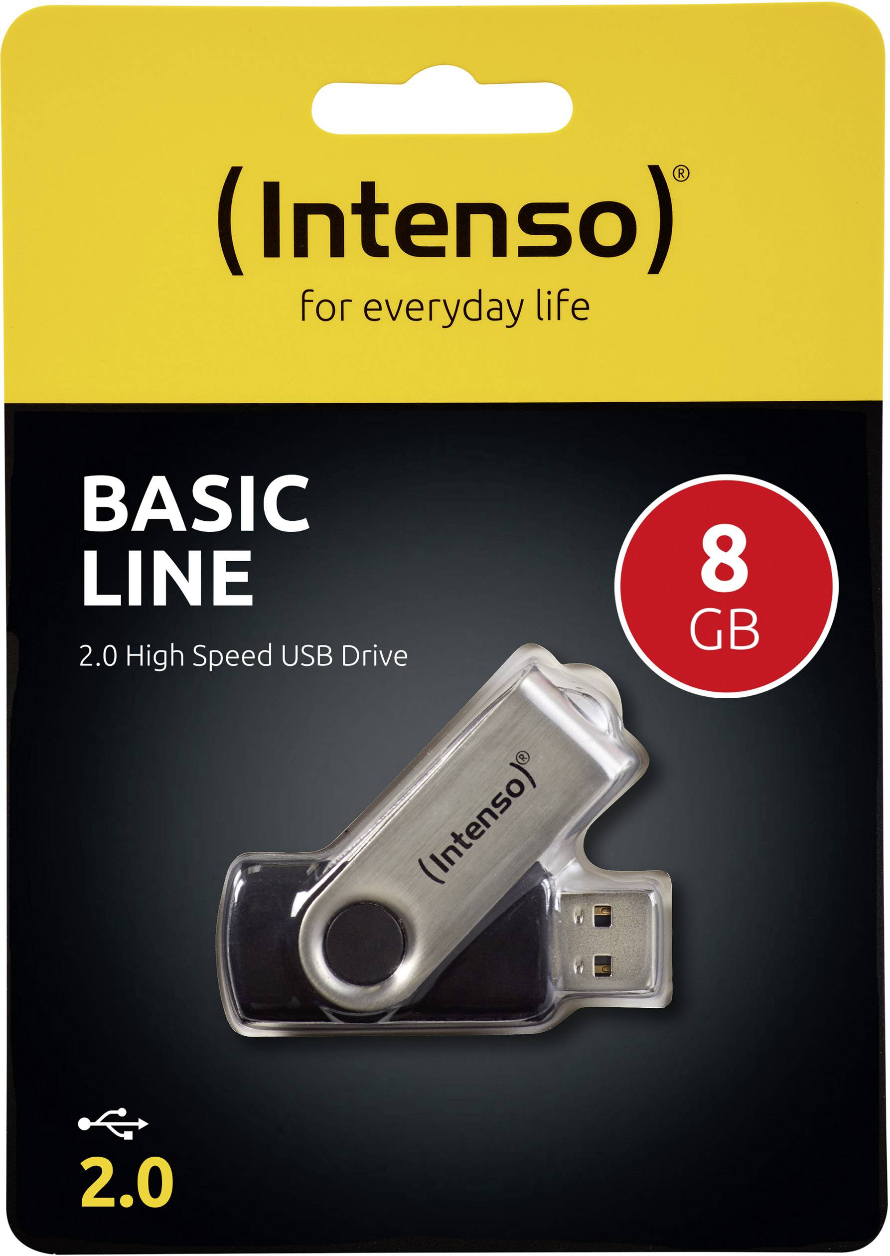 USB Drive 'Intenso Basic Line', 8 GB, USB 2.0, on a black and yellow background. Key feature 'High Speed USB Drive'.