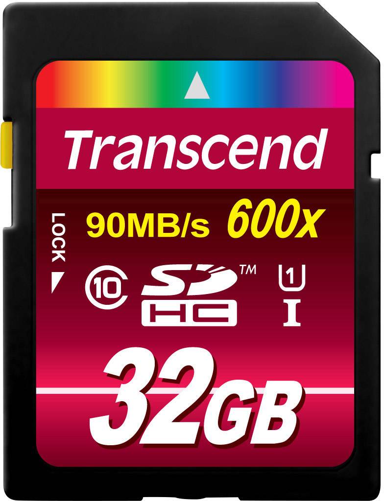 A Transcend memory card with 32 GB, Class 10, UHS-I, offers up to 90 MB/s speed, suitable for SDHC-compatible devices.