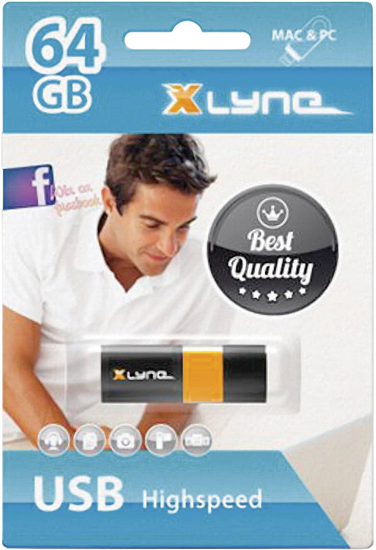 USB Memory Stick Packaging, 64 GB, compatible with Mac and PC, with the inscription 'Best Quality'. Contains an image of a man.