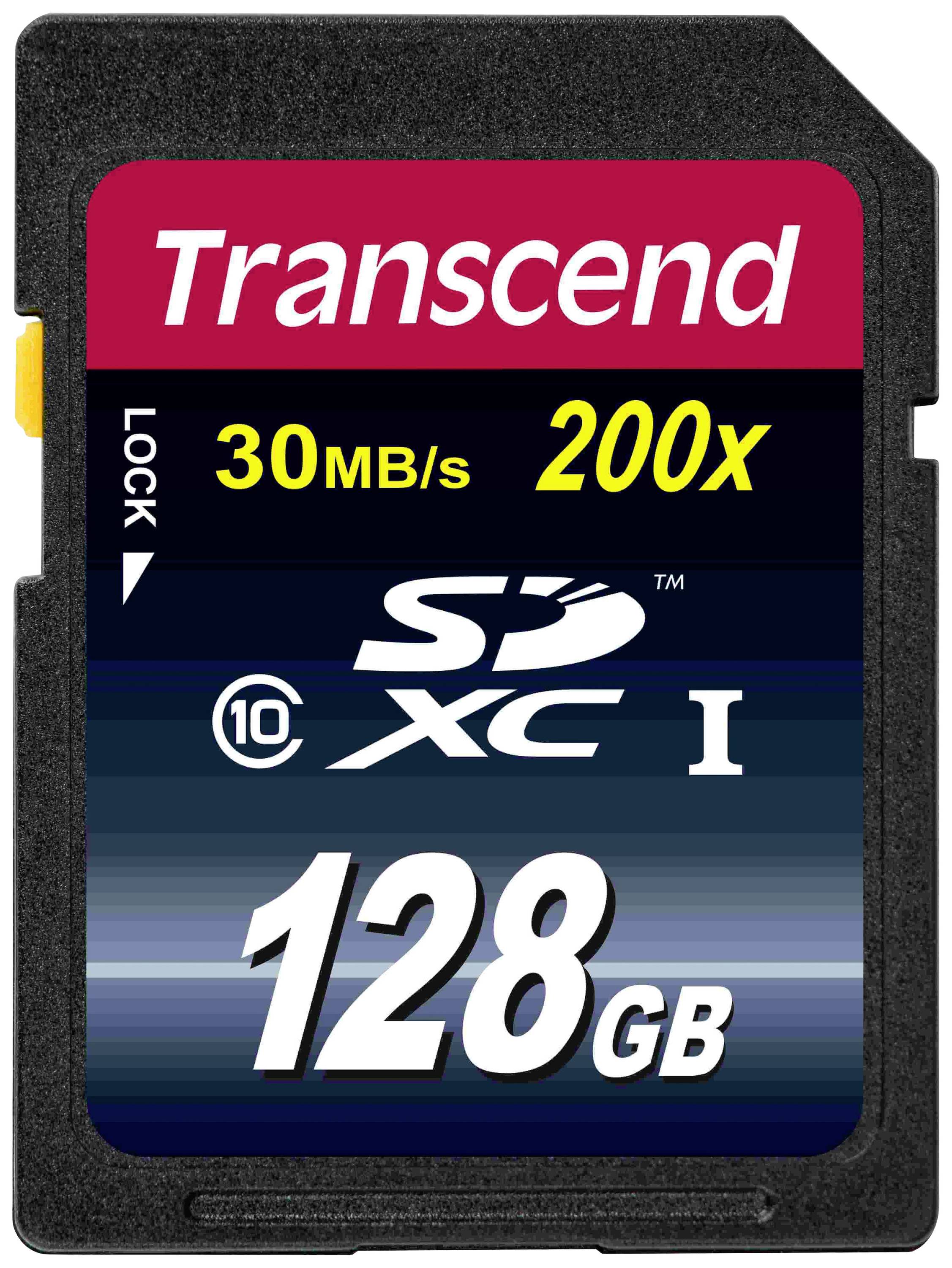 Memory card with 128 GB capacity, speed rating 30 MB/s and 200x, Transcend brand, SDXC Class 10.