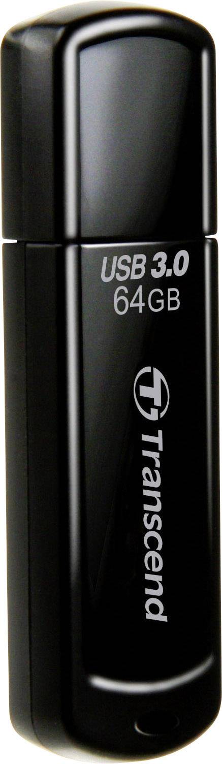 A black USB stick with the inscription 'USB 3.0 64GB' and 'Transcend' on the front.