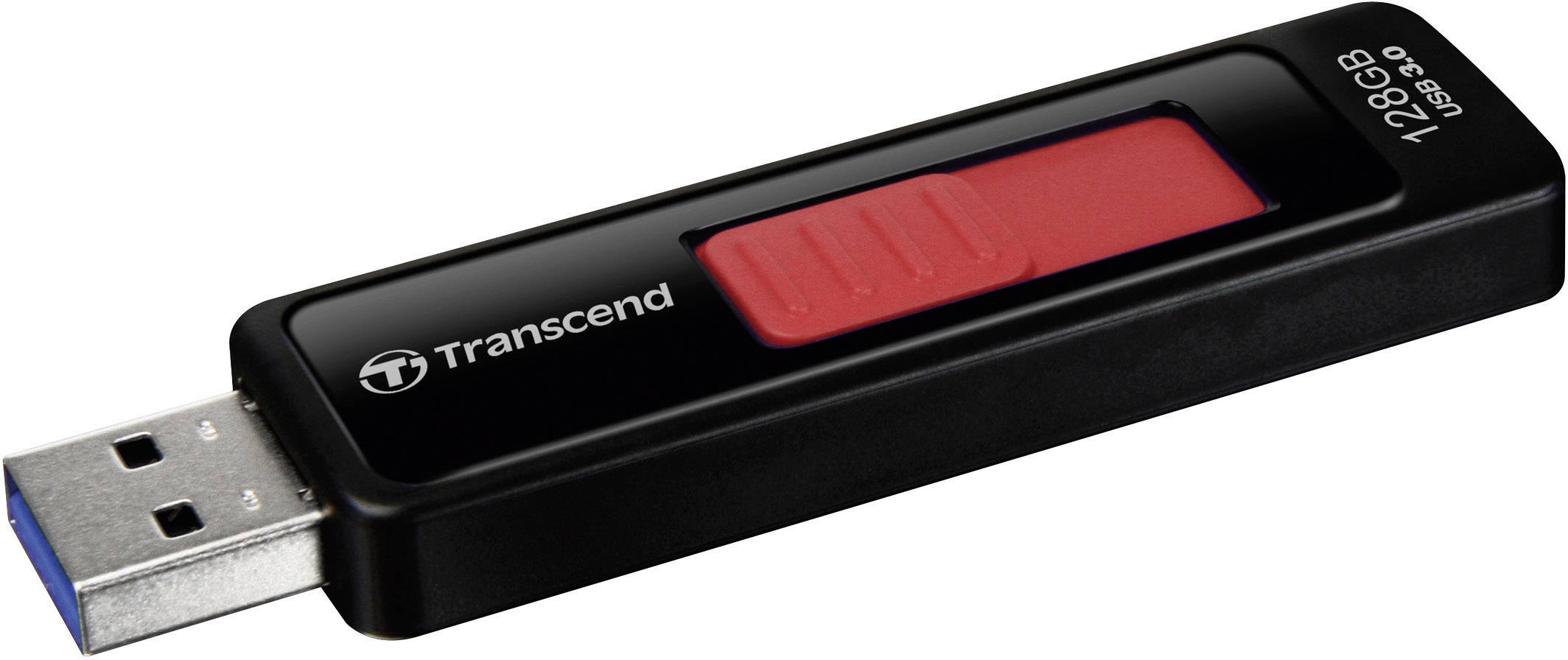 Black USB stick with red button, 'Transcend' printed on it, 128 GB storage capacity.