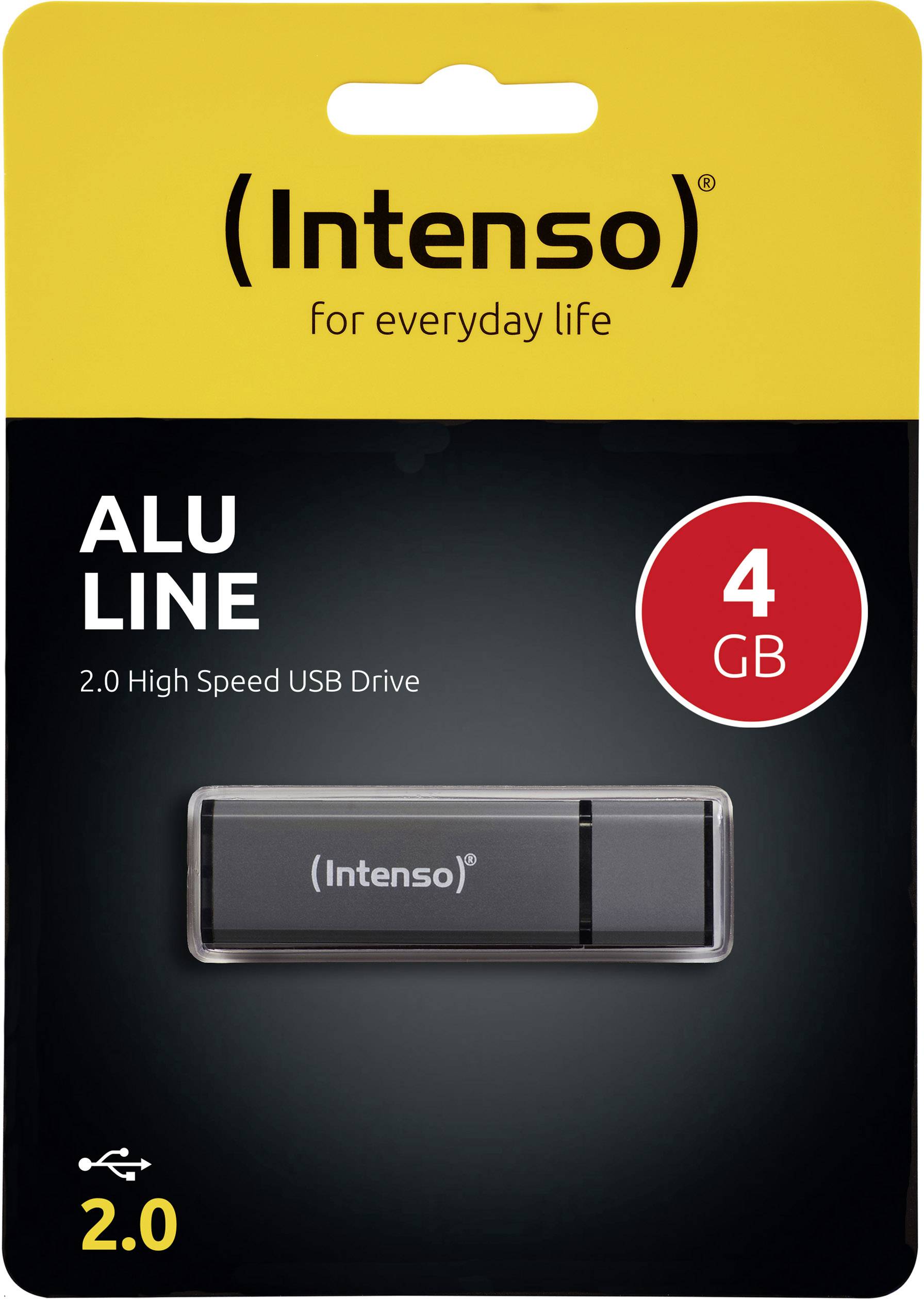 'Intenso ALU LINE' USB stick, 4 GB, High Speed 2.0, black packaging with yellow print on top, for daily use.