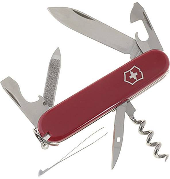 Red Swiss Army knife with multiple unfolded tools, including blade, can opener, corkscrew, and screwdriver.