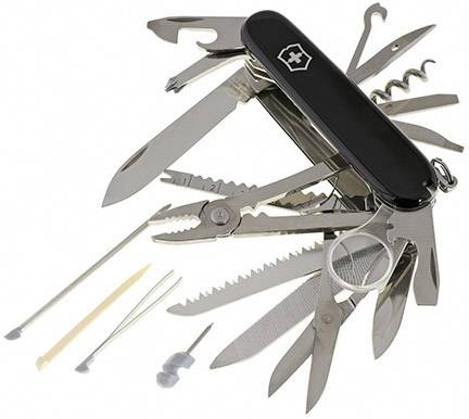 Swiss Army knife with multiple unfolded tools, including scissors, blade and screwdriver. Ideal for outdoor activities.